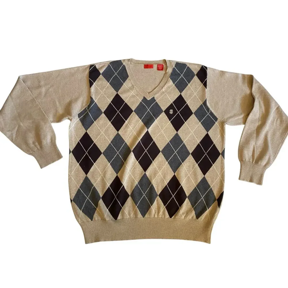 Vintage 90s Y2K Izod Diamond V-Neck Beige Sweater Size XL 100% Cotton Preppy